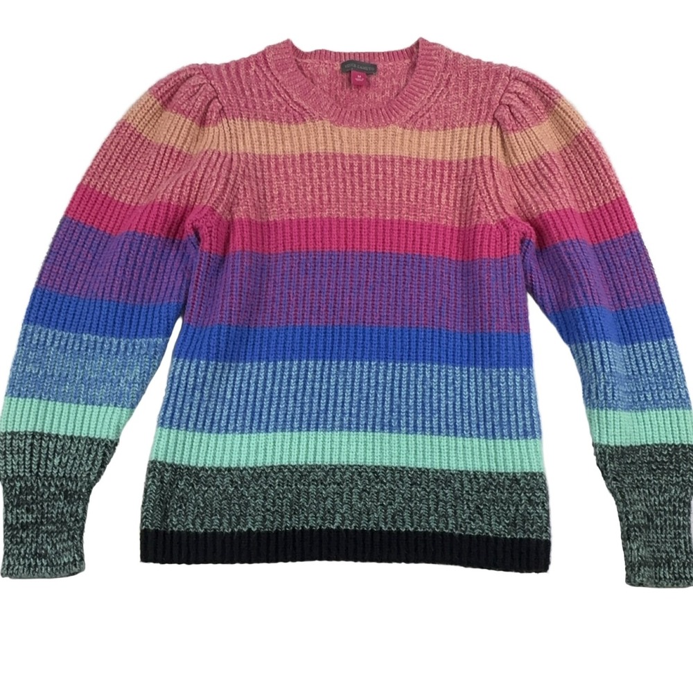 Vince Camuto Striped Knit Sweater Women's M Puff Sleeve Crew Neck Multi